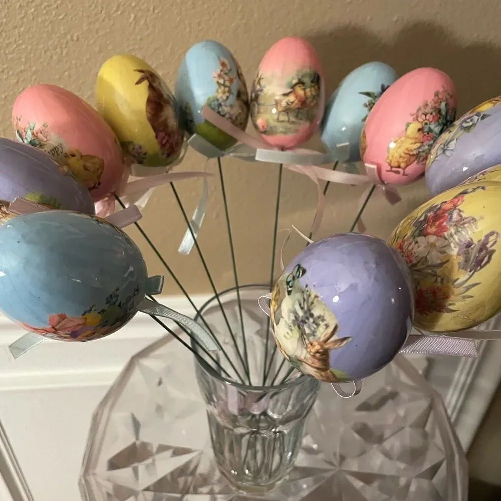 Vintage Decoupage Eggs with Vintage Easter Prints on Long Wire Picks with Ribbon